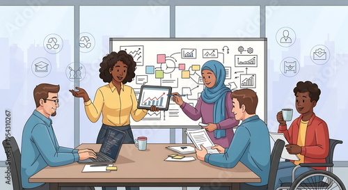 A diverse group of colleagues collaborating and brainstorming ideas in a modern office setting