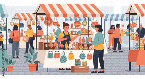 A vibrant outdoor market scene with people shopping at colorful stalls