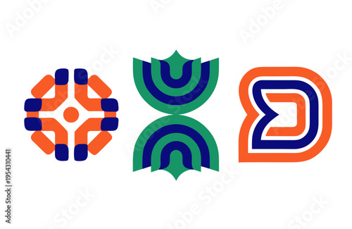 Three distinct colorful abstract logo marks featuring striped patterns and rounded shapes represent branding identity possibilities for corporate visual communication.