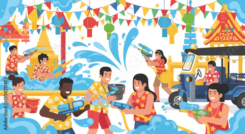 A vibrant festival illustration depicting people enjoying water guns and celebration