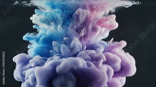 Abstract Blue and Pink Ink Clouds Swirling Underwater on Black Background