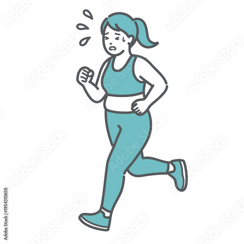 汗をかいて一生懸命ランニング（ジョギング）をするぽっちゃり女性のイラスト