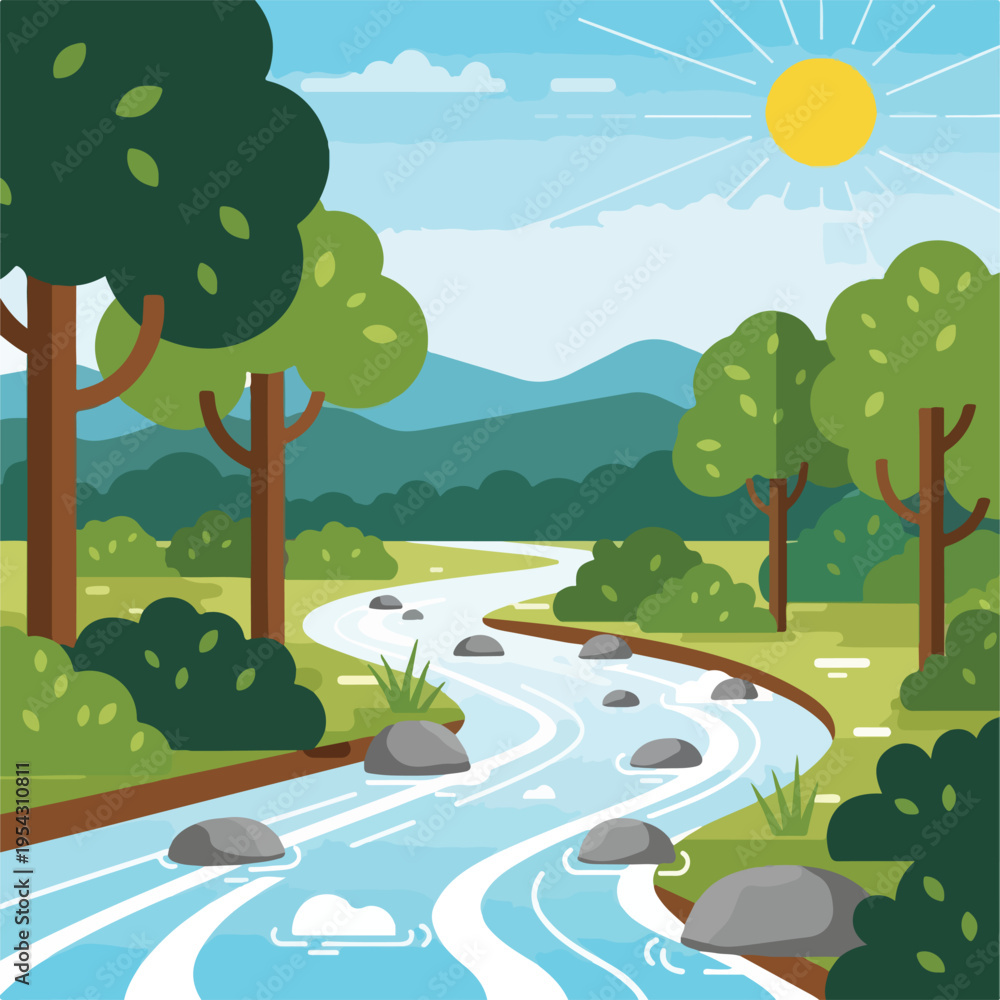 Naklejka premium A stylized river flows through a forest under a bright sun