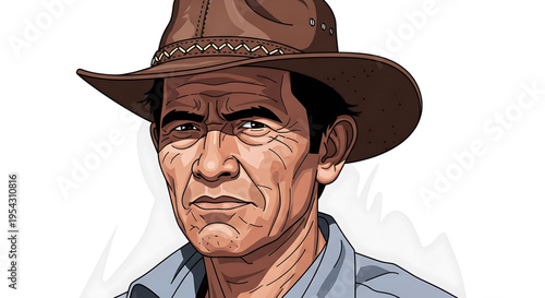 A cartoon illustration of a rugged cowboy with a serious expression