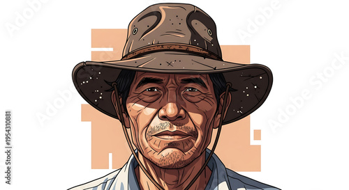 A cartoon illustration of a rugged outdoorsman wearing a wide-brimmed hat and a collared shirt, set against a geometric background.