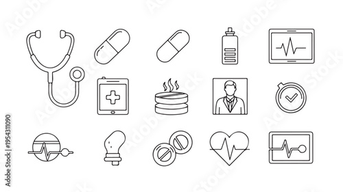 Collection of clean line art icons representing medical care and health concepts.