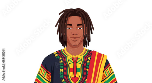A vibrant illustration of a young man with dreadlocks wearing a colorful dashiki on a white background
