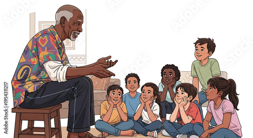 A cartoon illustration of a senior man telling stories to a group of diverse children sitting on the floor in a living room.