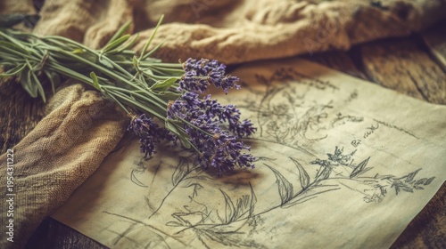 A fresh lavender bouquet rests on antique fabric with a botanical sketch background creating an artistic and fragrant display.
