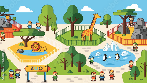 A vibrant illustration showcasing a zoo with diverse animals and visitors
