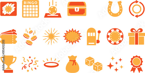 Collection of orange and yellow icons representing gambling, lottery, casino, and winning elements.
