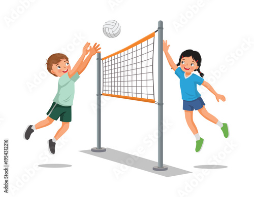 Little kids playing volleyball together