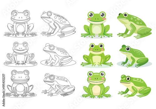 緑のカエルのイラスト・メガパック、正面と横向き、様々なスタイル、ベクターデータ