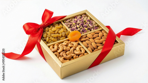 Gourmet gift box of assorted nuts and dried fruits with red ribbon
