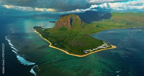 Aerial view of Underwater waterfall in a coral reef with turquoise water. Island Mauritius in the Indian Ocean