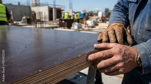 A Construction Worker's Hands Handling A Plywood Formwork Panel On A Building Site Under A Clear Sky.