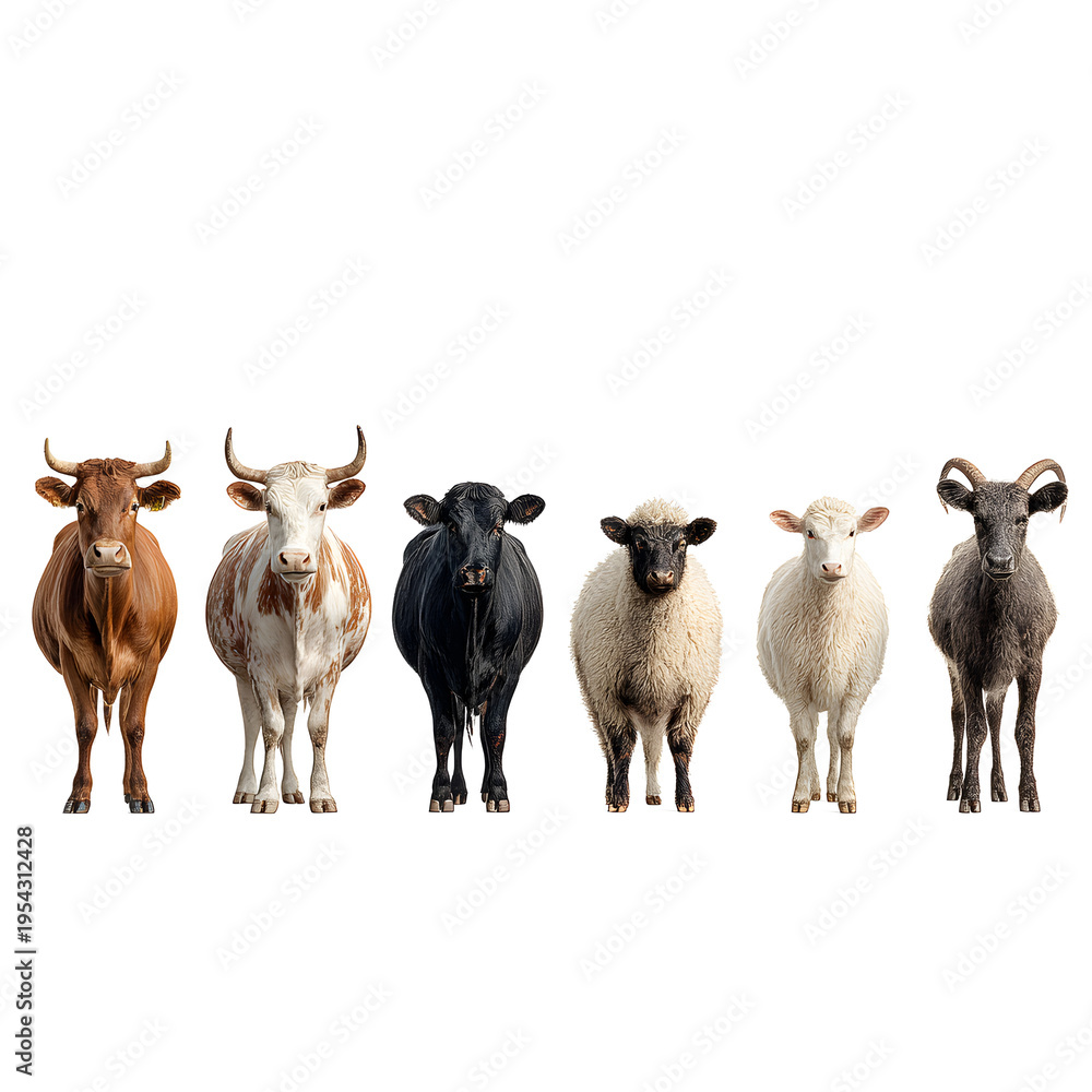 Fototapeta premium Five farm animals standing side by side isolated on transparent background