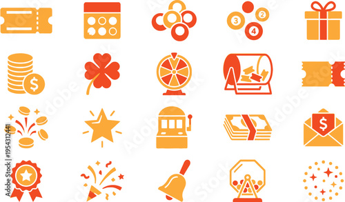 Collection of orange and red icons representing gambling, luck, prize, and winning concepts.