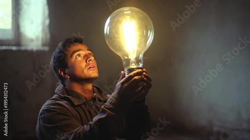 Inspired man holding a giant glowing light bulb having a brilliant idea in a dark and mysterious room