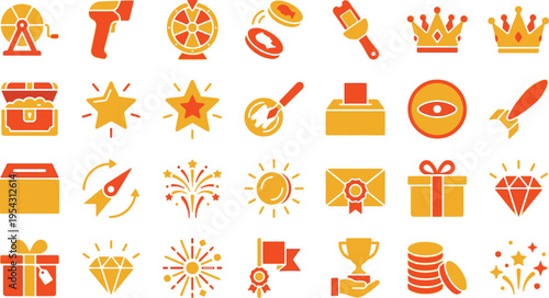 A vibrant collection of orange and yellow icons representing games, prizes, and winning celebrations.
