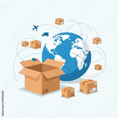 Global Shipping and Logistics: Boxes, Globe, Airplane, Truck, and Delivery Network