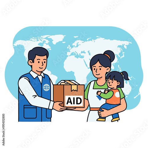 Humanitarian aid worker delivering donation box to family on world map background