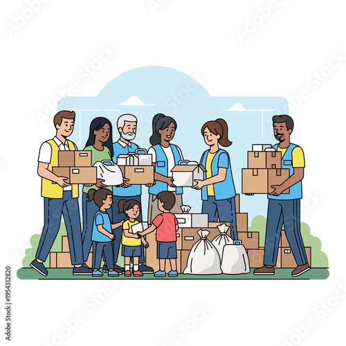 Volunteers sorting donations for charity, diverse group of people helping community