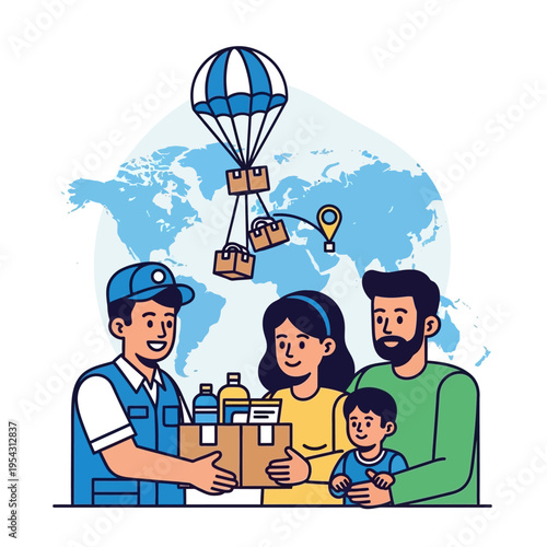 Delivery man hands package to family near world map, air cargo delivery concept