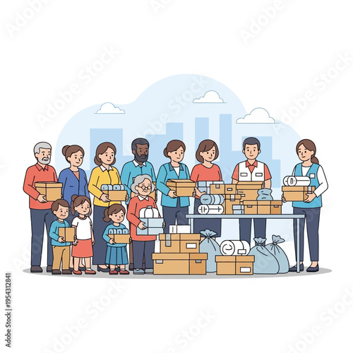 Diverse group of people donating boxes of goods for charity, community support, volunteering