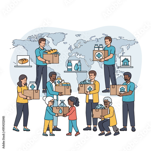 Diverse volunteers distribute aid boxes globally, symbolizing humanitarian help and international support.