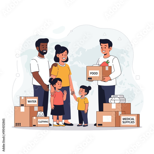 Family receiving donation boxes with food, water, clothing, and medical supplies
