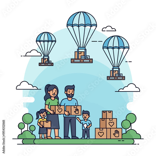 Family Donating Goods via Parachute Delivery for Charity and Aid