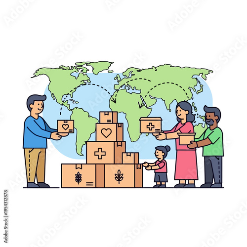 Global charity and humanitarian aid, people donating and receiving boxes worldwide