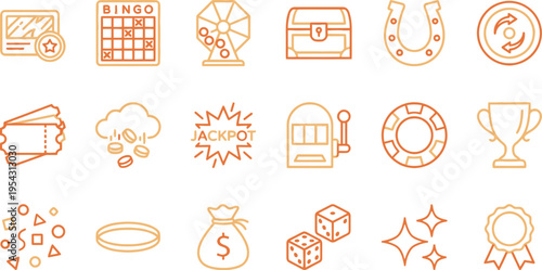 Variety of line art gambling, casino, and lottery game icons in warm gradient colors.