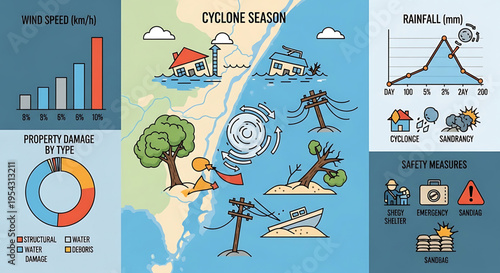 A vector graphic illustration depicting cyclone season with various charts and icons showing wind speed, rainfall, property damage, and safety measures.