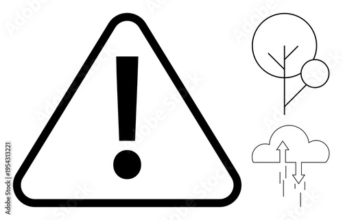 Warning sign. Warning highlighted by exclamation mark in triangle with additional line art of weather symbols including tree and cloud with rain. For safety, alerts, weather, caution signage, or