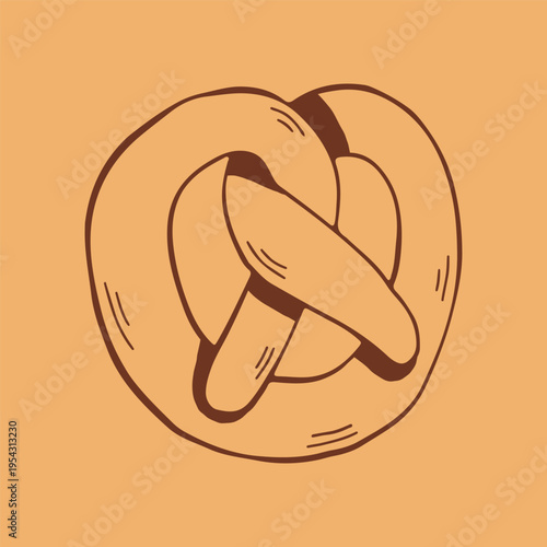 Hand drawn vector illustration of a twisted soft pretzel in a minimalist brown line art style. Classic icon of a salty German snack for bakery menu and festival food branding design