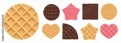Vector round waffle, wafer cream seamless texture, Belgian star cookie icon. Food square pattern and chocolate heart biscuit, Belgian cake bg. Isolated cute pink heart-shaped pancake, sweet tasty set