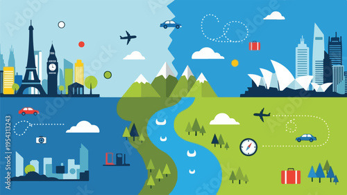 A vibrant travel illustration depicting international landmarks and travel modes