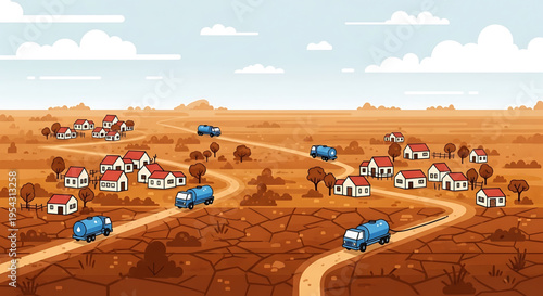 A vector graphic illustration of a drought-stricken rural town with water trucks delivering water to residents.