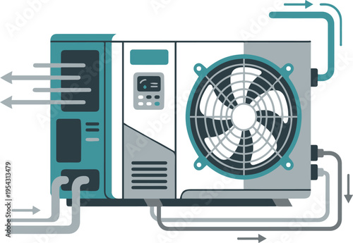 Flat vector illustration of an industrial HVAC air conditioning system with ventilation ducts, cooling unit, and fan, designed in a clean modern style for technical and engineering concepts.