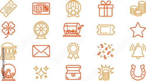 A vibrant collection of outline icons representing luck, gambling, lottery, and winning concepts for gaming.