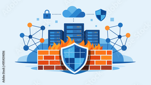 Firewall security protecting network servers and cloud infrastructure, cybersecurity vector illustration