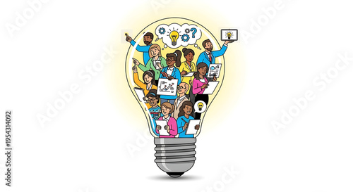 A colorful illustration of a lightbulb filled with diverse people representing ideas and innovation
