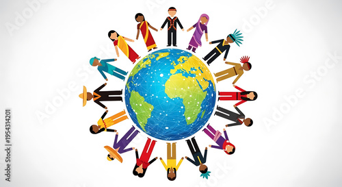 A diverse group of people from different cultures holding hands around the globe in a symbol of unity and friendship.