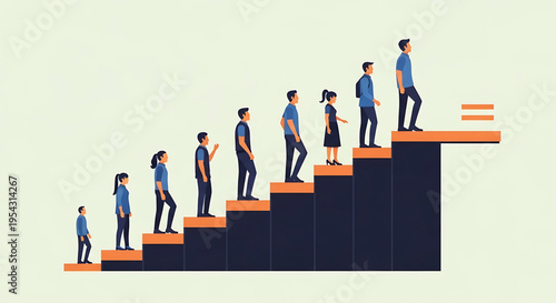 A group of business professionals climbing a staircase of success in a modern vector graphic illustration