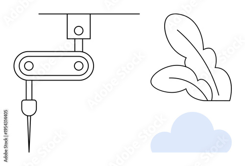 Sustainability, innovation, automation, industrial tools, environmental technology, green energy. Linear robotic tool, plant leaves blue cloud. Sustainability and innovation concept