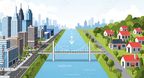 A vibrant cityscape with a river and bridge connecting modern skyscrapers to residential homes in a serene natural setting.