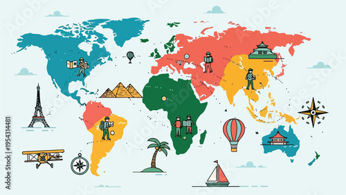 A whimsical world map illustration with iconic landmarks and travelers