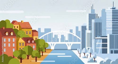 A vibrant cityscape illustration with a river and bridge connecting modern skyscrapers to traditional houses